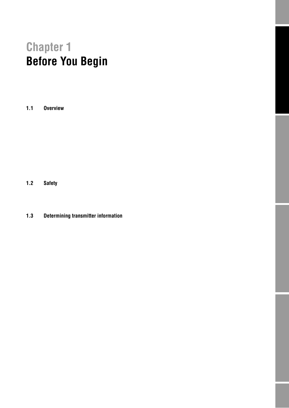 Before you begin, 1 overview, 2 safety | 3 determining transmitter information, Chapter 1, Overview, Safety, Determining transmitter information, Chapter 1 before you begin | Emerson Process Management MICRO MOTION 2400S User Manual | Page 9 / 188