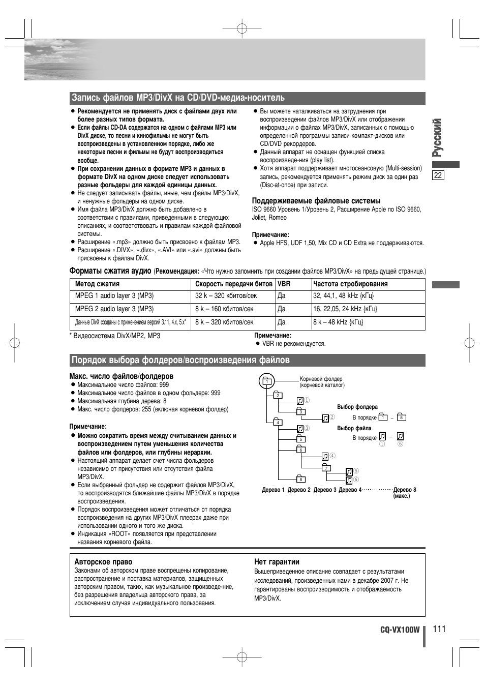 Кк ыытт ттнн лл ии, Б‡флт¸ щ‡иоу‚ mp3/divx ì‡ cd/dvd-пв‰л‡-мутлъво, Оуп‡ъ˚ тк‡ълﬂ ‡ы‰лу | Panasonic CQ-VX100W User Manual | Page 22 / 44