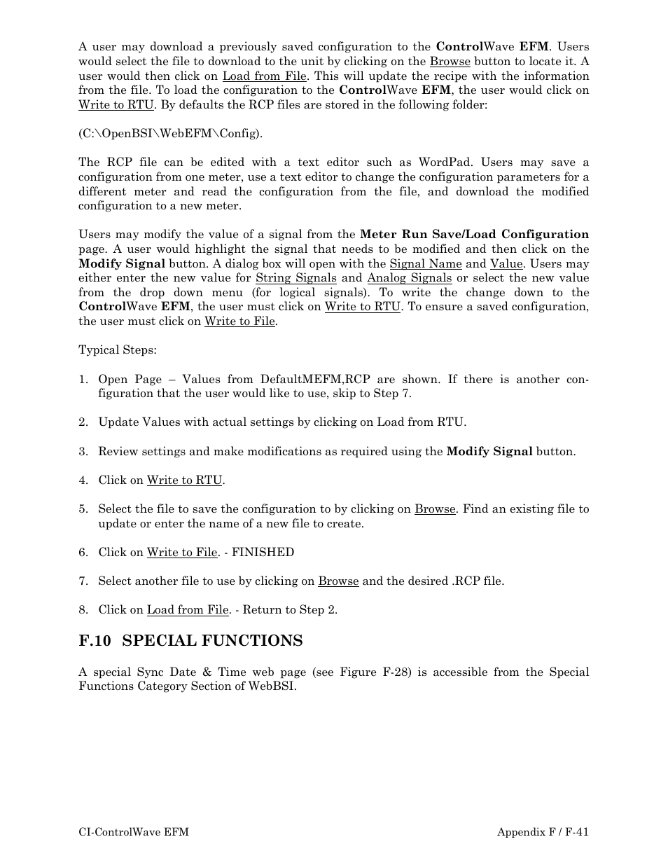 F.10 special, F.10 special functions | Emerson Process Management ControlWave EFM 3808 User Manual | Page 241 / 306