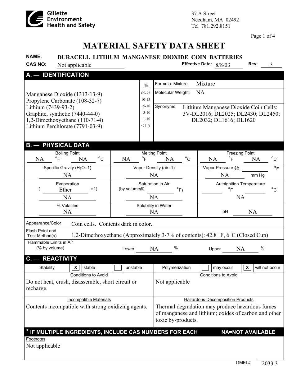 Msdsdur1.pdf, Duracell, 3v lithium manganese dioxide battery | Dl 2450, Material safety data sheet | Emerson Process Management ControlWave EFM 3808 User Manual | Page 253 / 306