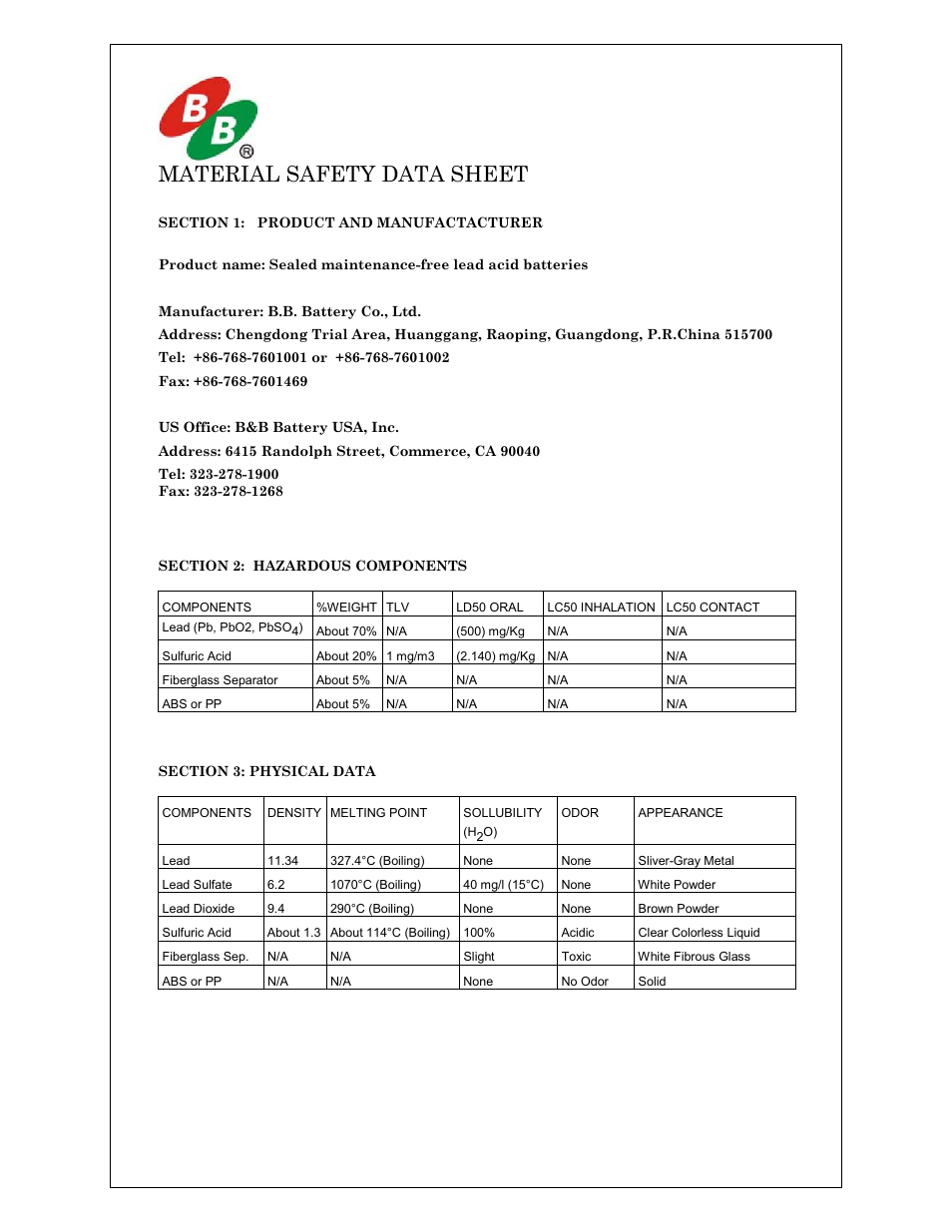 Msdsbb.pdf, B.b. battery co., ltd, 12v - 33ah/20 hr. sealed lead-acid battery | Bp33-12, Material safety data sheet | Emerson Process Management ControlWave EFM 3808 User Manual | Page 257 / 306