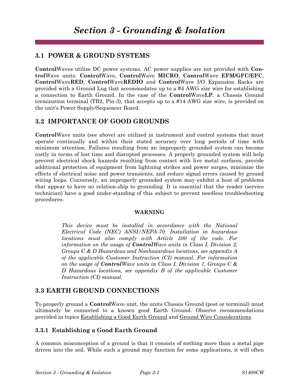 Section 3 - grounding & isolation | Emerson Process Management ControlWave EFM 3808 User Manual | Page 269 / 306