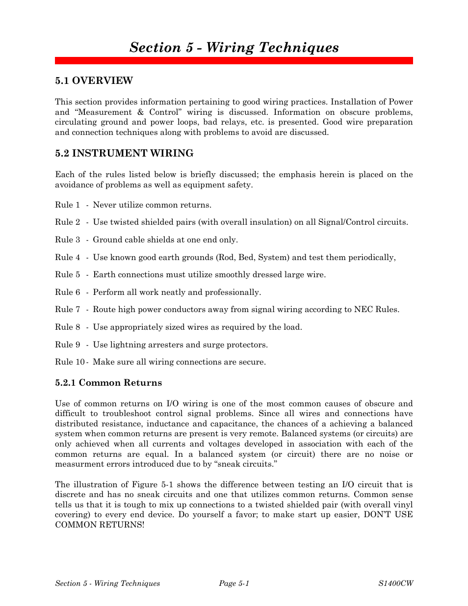 Section 5 - wiring techniques, 1 overview, 2 instrument wiring | Emerson Process Management ControlWave EFM 3808 User Manual | Page 285 / 306