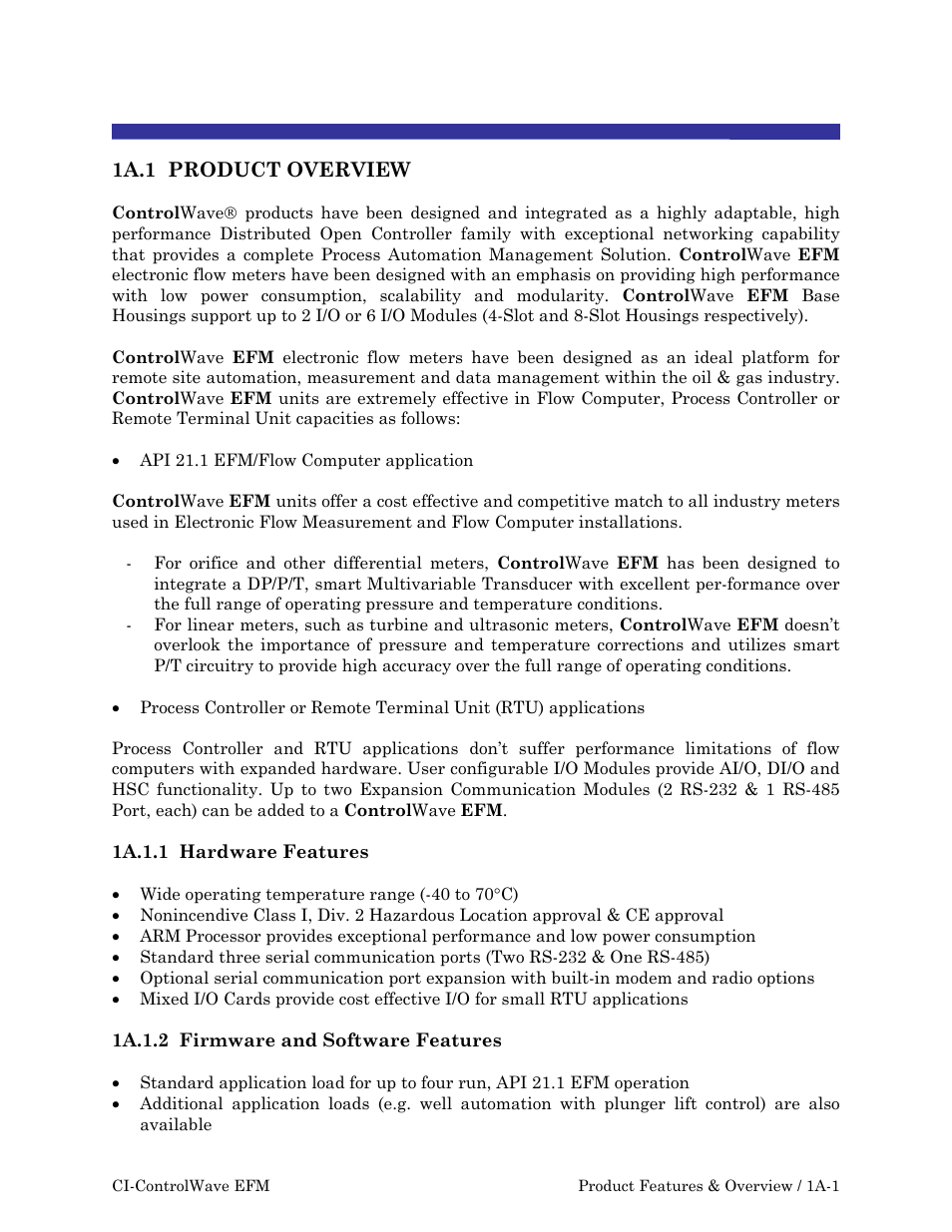 Efmch1a.pdf, Section 1a - product features & overview | Emerson Process Management ControlWave EFM 3808 User Manual | Page 45 / 306