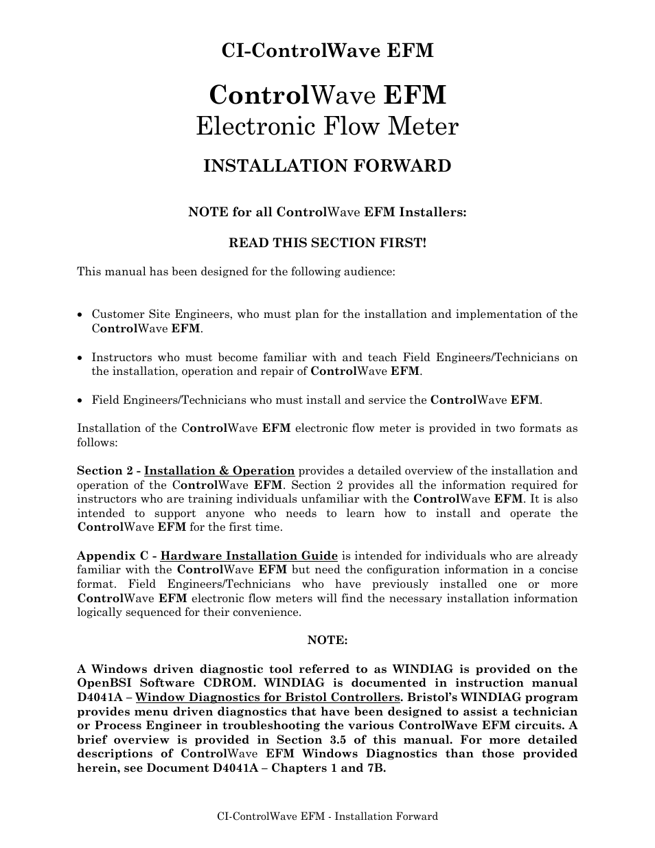 Control wave efm electronic flow meter, Ci-controlwave efm, Installation forward | Emerson Process Management ControlWave EFM 3808 User Manual | Page 9 / 306