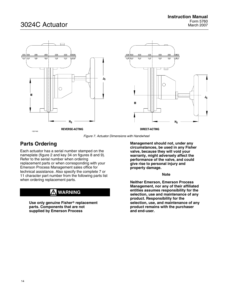 3024c actuator, Parts ordering, Warning | Instruction manual | Emerson Process Management 3024C User Manual | Page 14 / 20