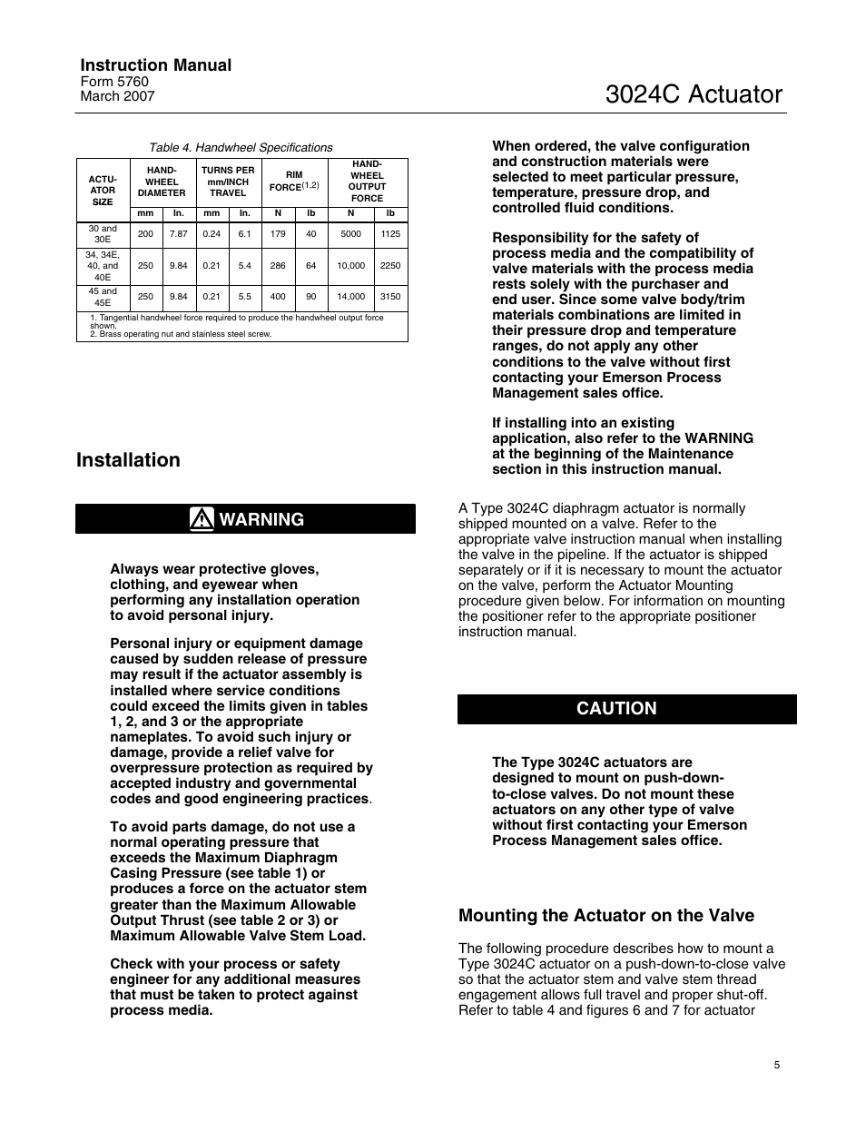 3024c actuator, Installation, Warning | Caution, Mounting the actuator on the valve, Instruction manual | Emerson Process Management 3024C User Manual | Page 5 / 20