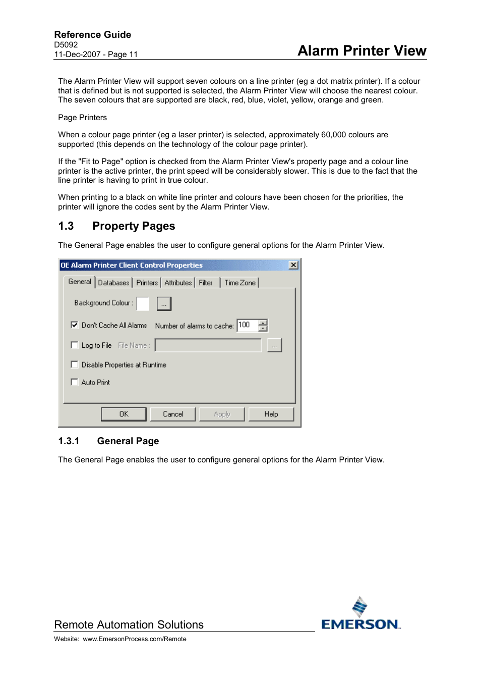 Alarm printer view, Remote automation solutions, 3 property pages | Emerson Process Management D5092 User Manual | Page 11 / 29