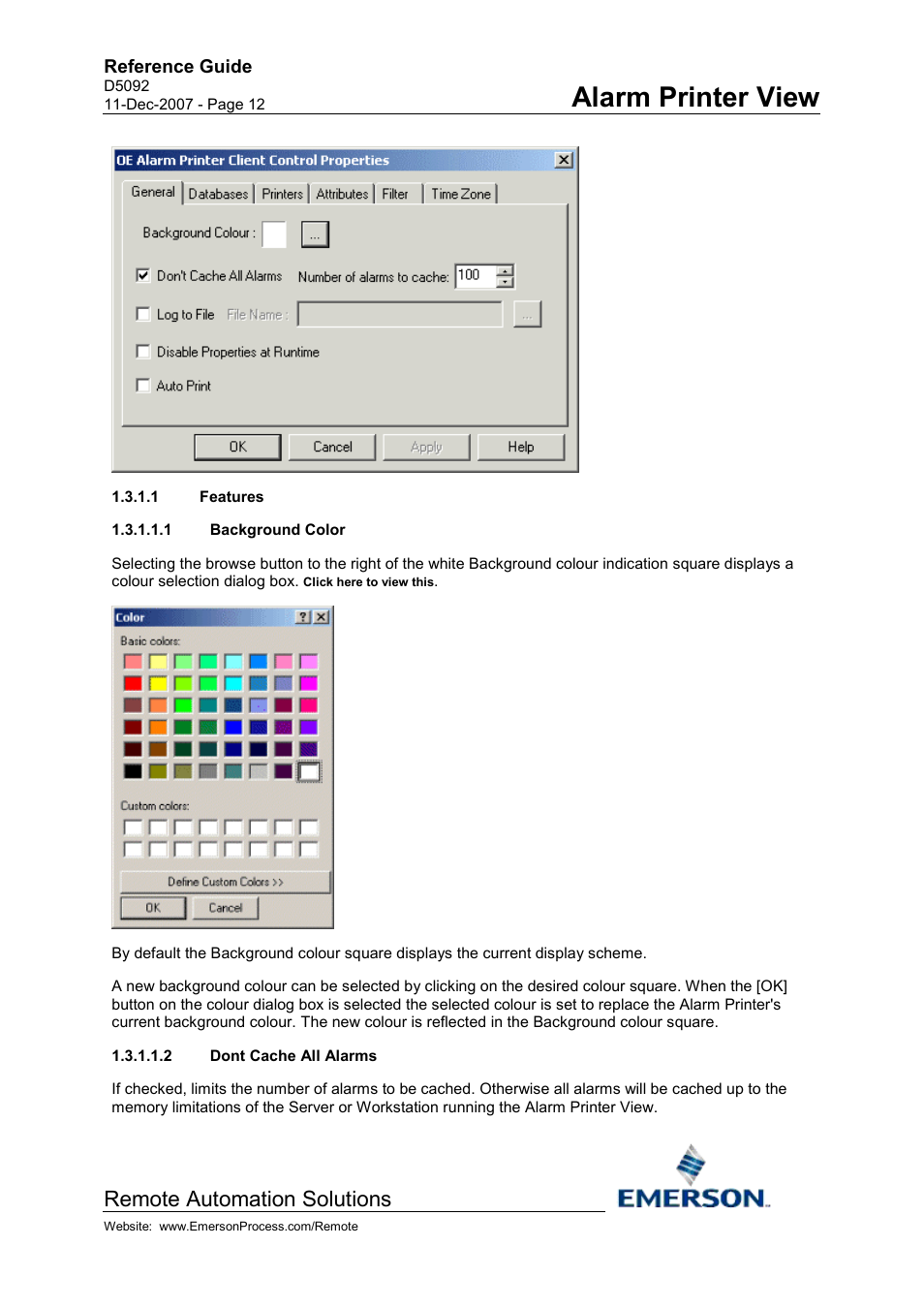 Features, Background color, Dont cache all alarms | Alarm printer view, Remote automation solutions | Emerson Process Management D5092 User Manual | Page 12 / 29