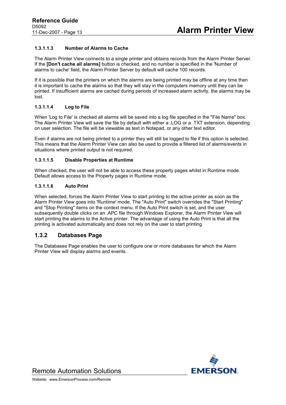 Number of alarms to cache, Log to file, Disable properties at runtime | Auto print, Alarm printer view, Remote automation solutions | Emerson Process Management D5092 User Manual | Page 13 / 29