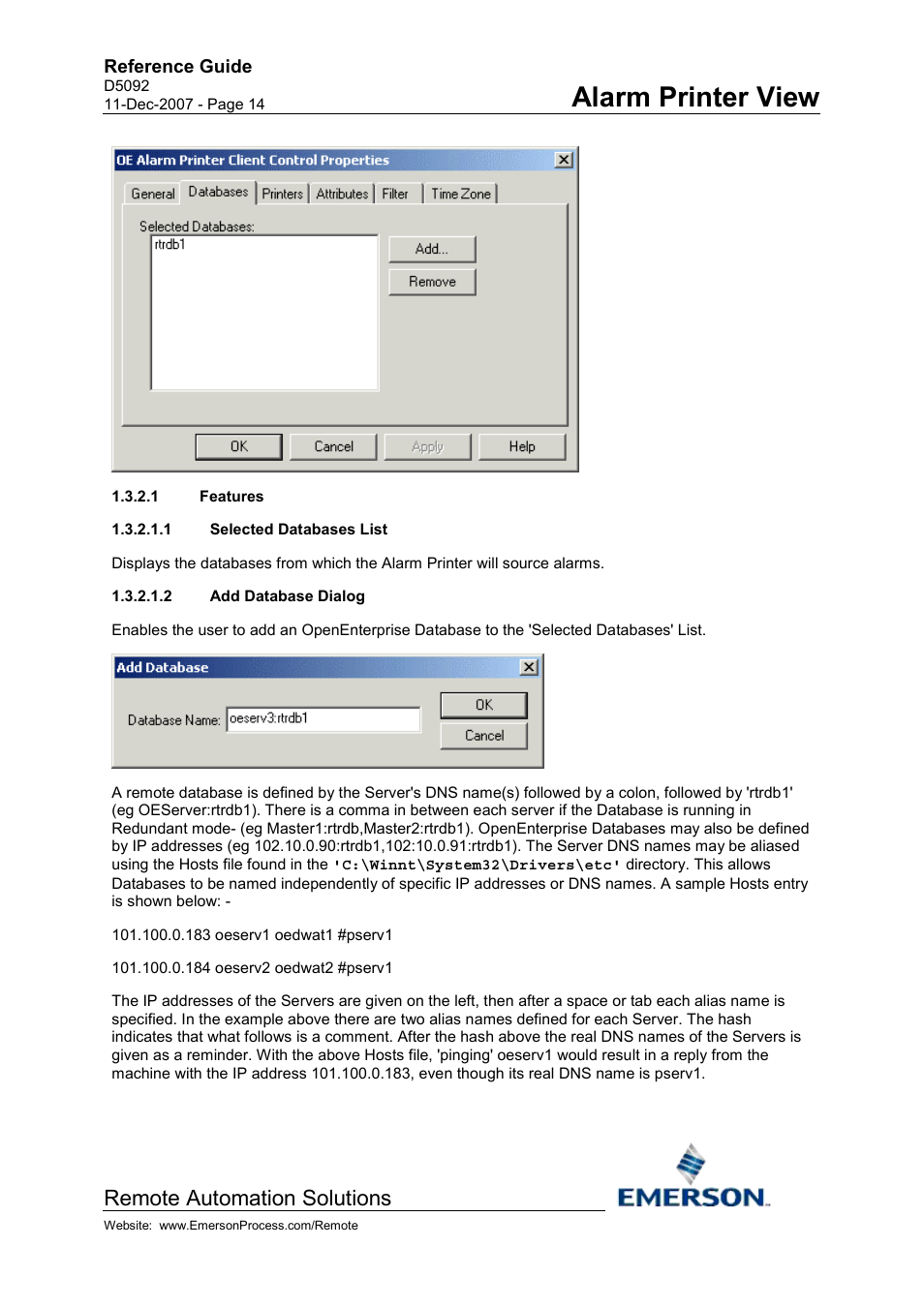 Features, Selected databases list, Add database dialog | Alarm printer view, Remote automation solutions | Emerson Process Management D5092 User Manual | Page 14 / 29