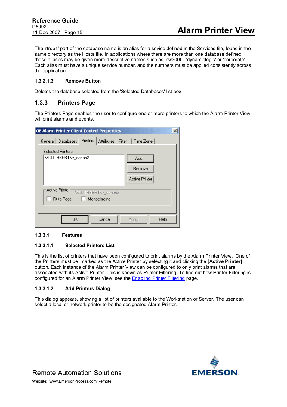 Remove button, Features, Selected printers list | Add printers dialog, Alarm printer view, Remote automation solutions | Emerson Process Management D5092 User Manual | Page 15 / 29