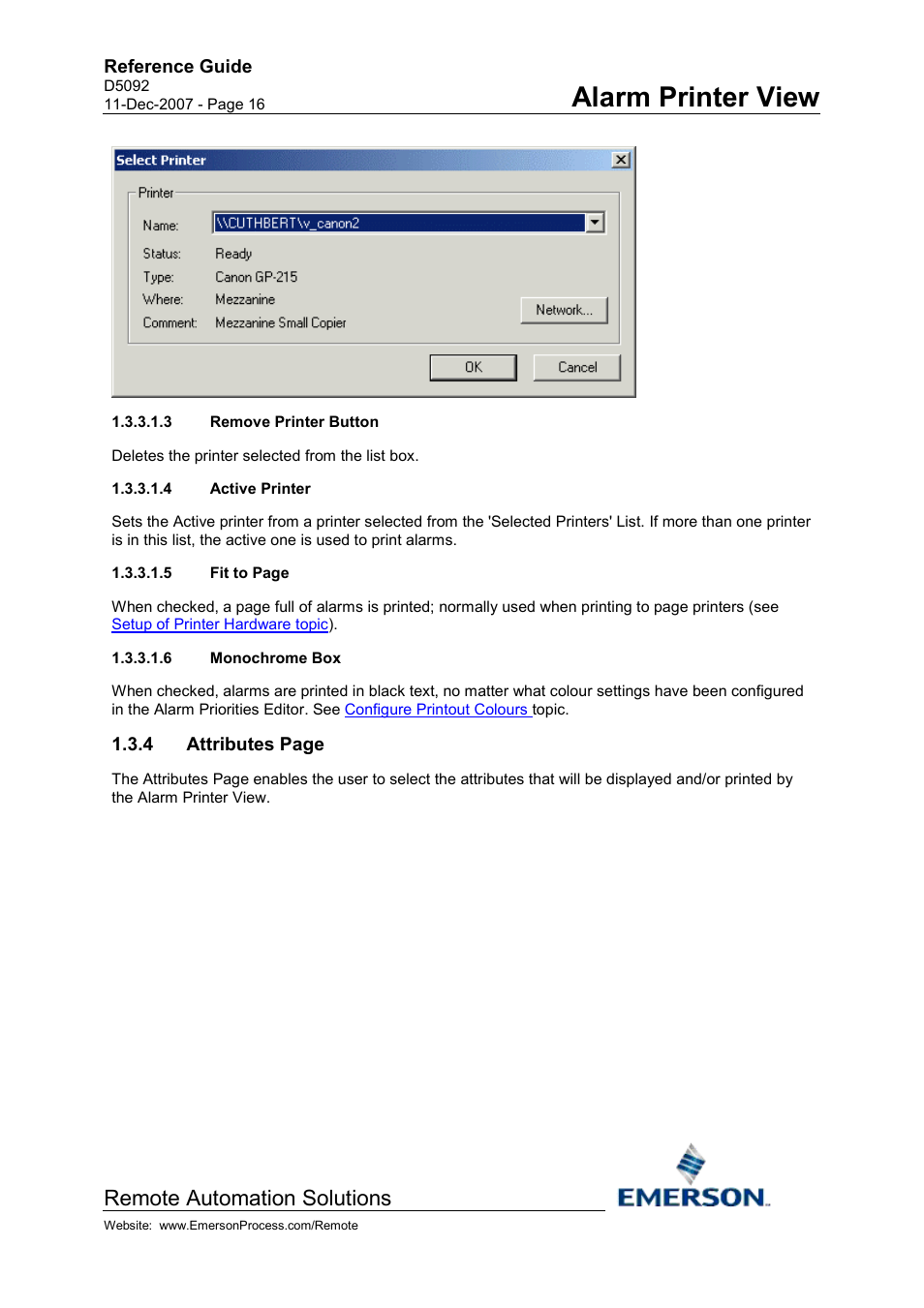 Remove printer button, Active printer, Monochrome box | Alarm printer view, Remote automation solutions | Emerson Process Management D5092 User Manual | Page 16 / 29