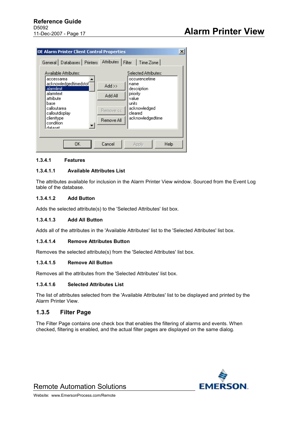 Features, Available attributes list, Add button | Add all button, Remove attributes button, Remove all button, Selected attributes list, Alarm printer view, Remote automation solutions | Emerson Process Management D5092 User Manual | Page 17 / 29