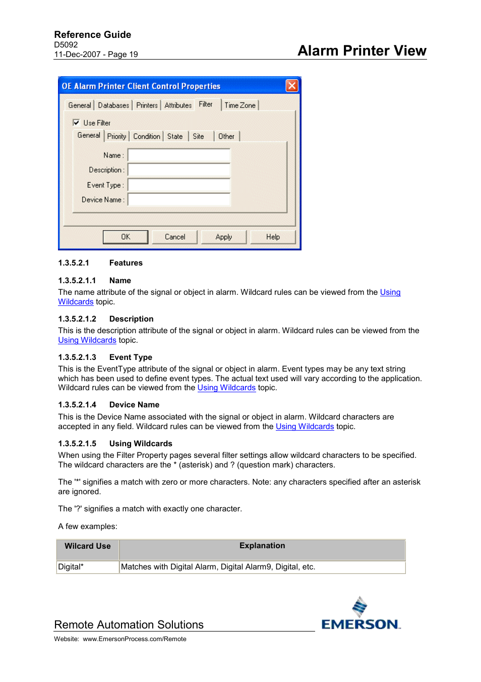 Features, Name, Description | Event type, Device name, Using wildcards, Alarm printer view, Remote automation solutions, Reference guide | Emerson Process Management D5092 User Manual | Page 19 / 29