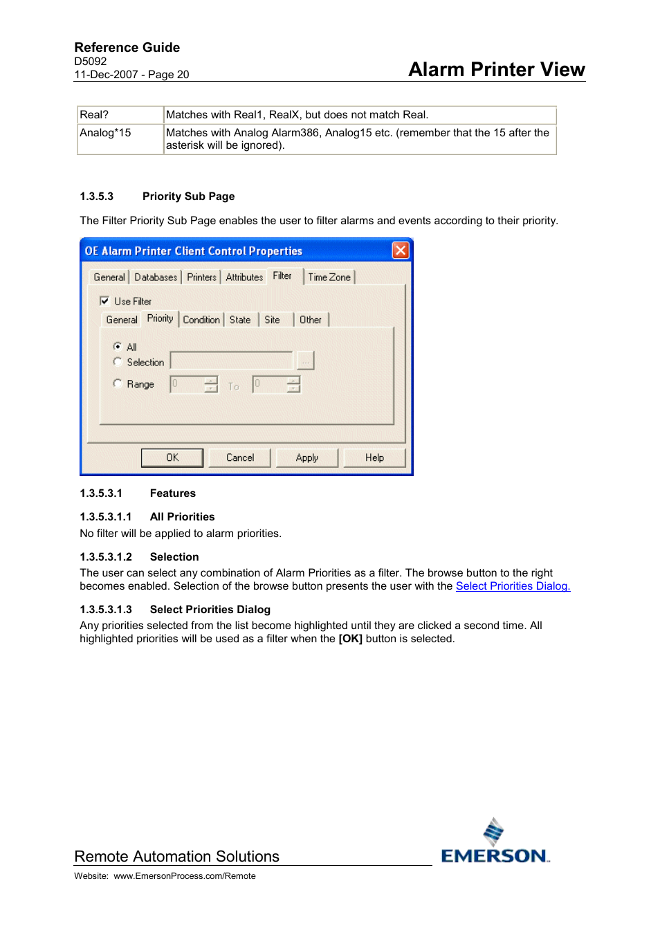 Features, All priorities, Selection | Select priorities dialog, Alarm printer view, Remote automation solutions | Emerson Process Management D5092 User Manual | Page 20 / 29