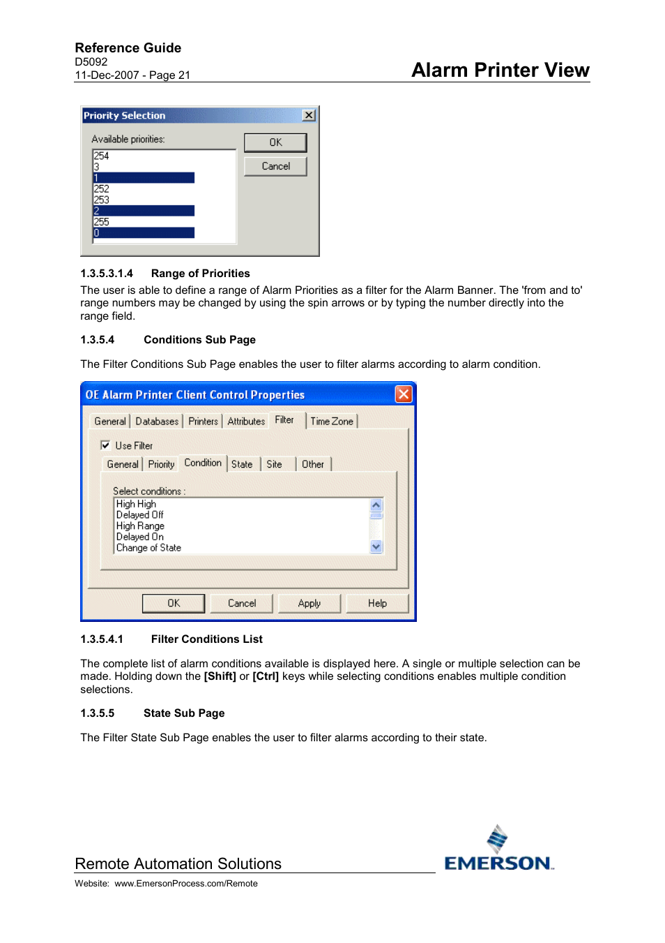 Range of priorities, Filter conditions list, Alarm printer view | Remote automation solutions | Emerson Process Management D5092 User Manual | Page 21 / 29