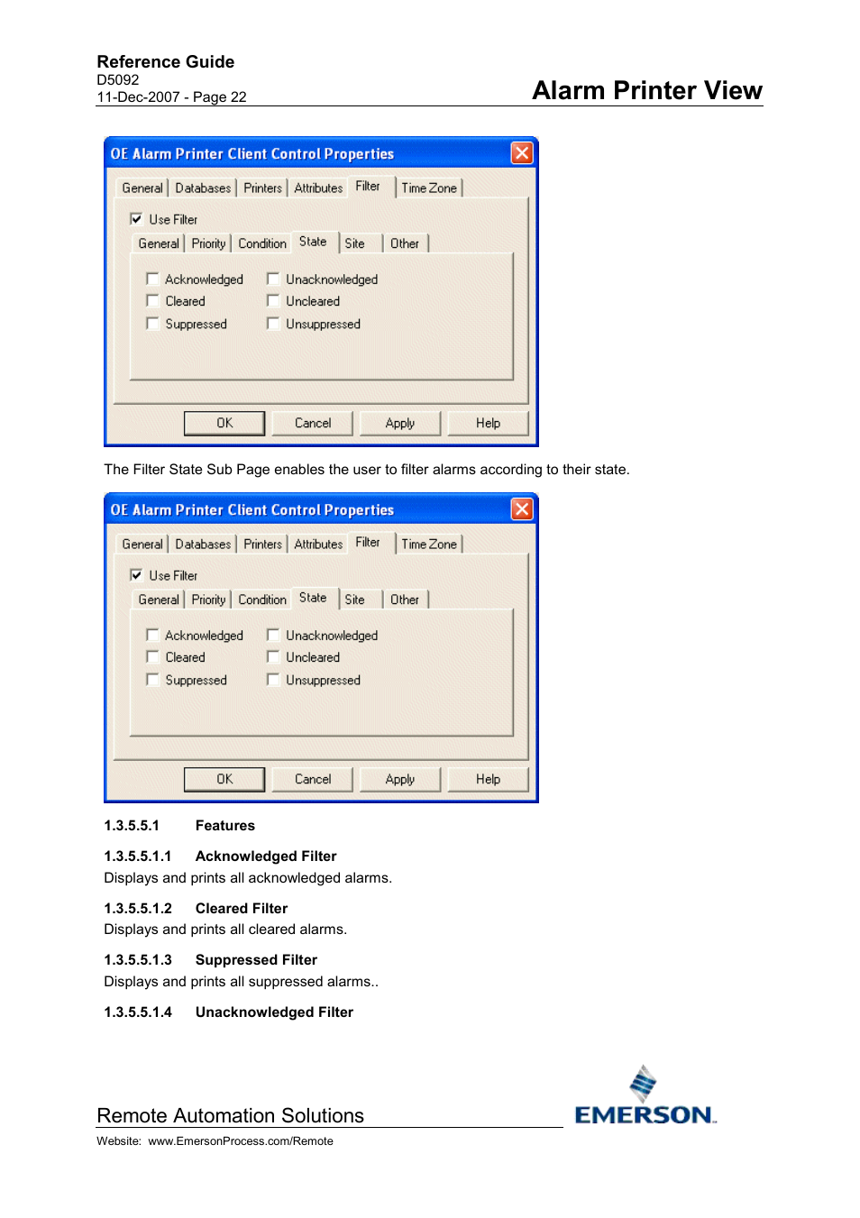 Features, Acknowledged filter, Cleared filter | Suppressed filter, Unacknowledged filter, Alarm printer view, Remote automation solutions | Emerson Process Management D5092 User Manual | Page 22 / 29