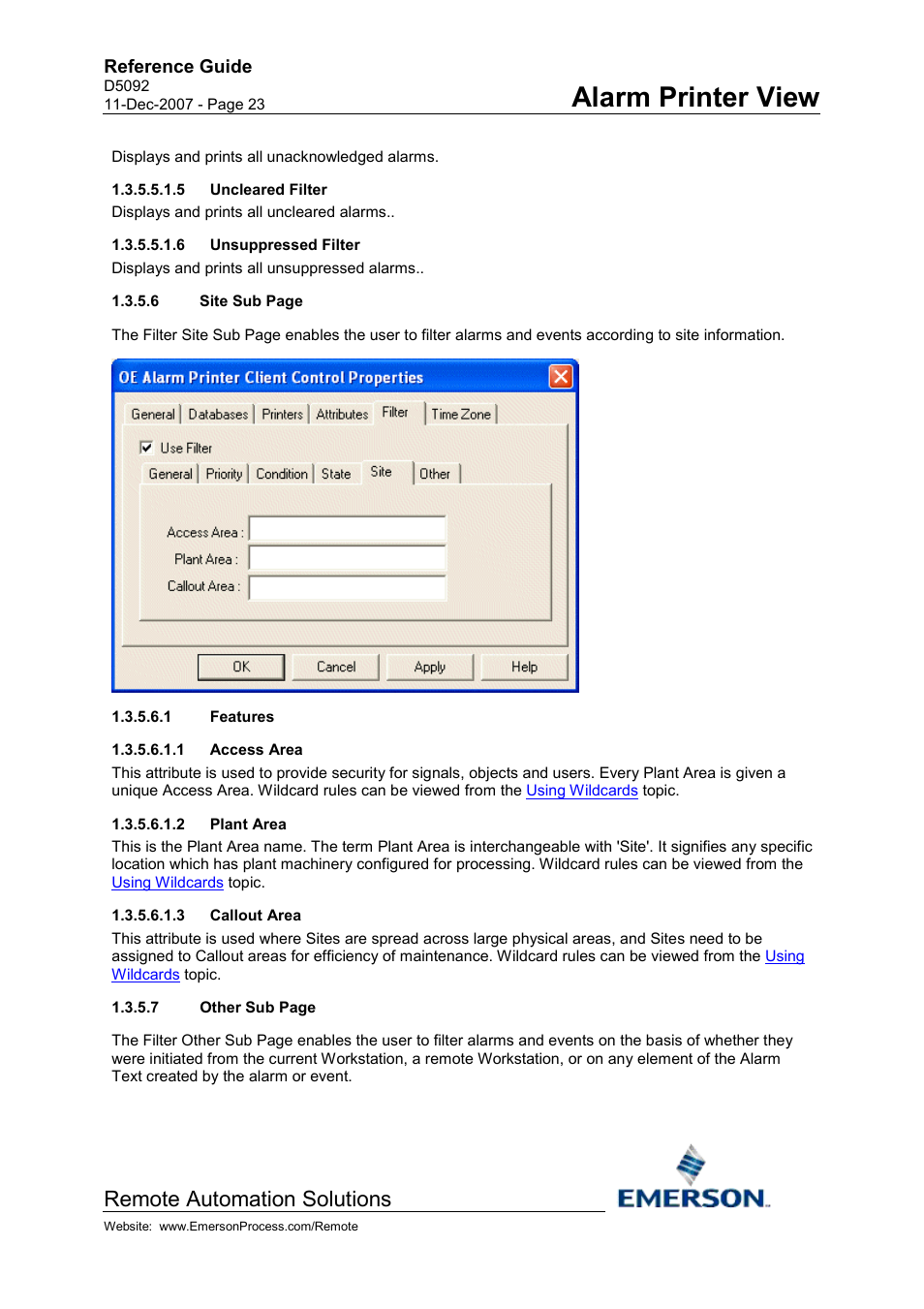 Unacknowledged filter, Uncleared filter, Unsuppressed filter | Features, Access area, Plant area, Callout area, Alarm printer view, Remote automation solutions, Reference guide | Emerson Process Management D5092 User Manual | Page 23 / 29