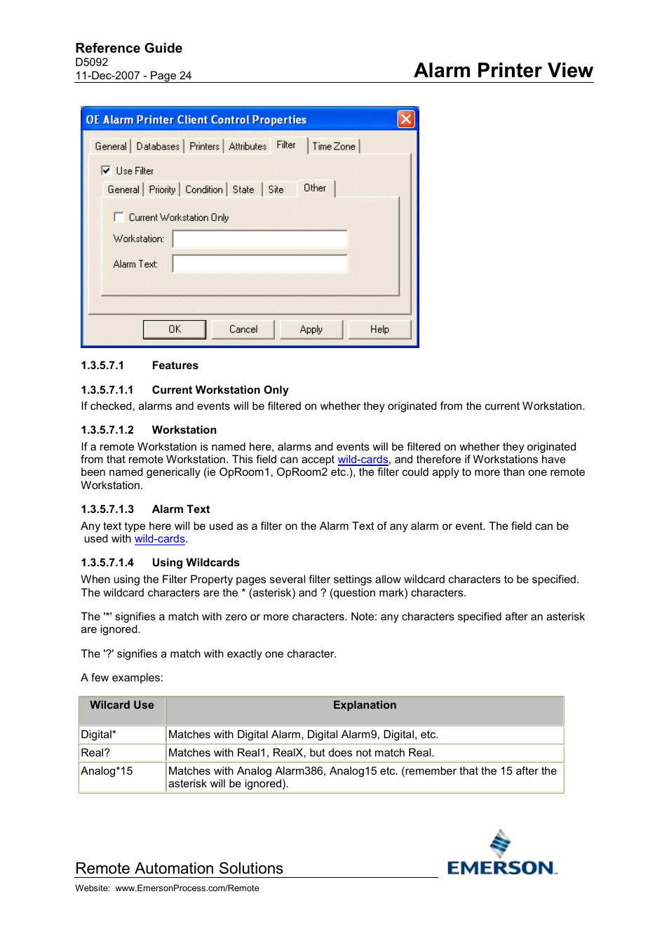 Features, Current workstation only, Workstation | Alarm text, Using wildcards, Alarm printer view, Remote automation solutions | Emerson Process Management D5092 User Manual | Page 24 / 29