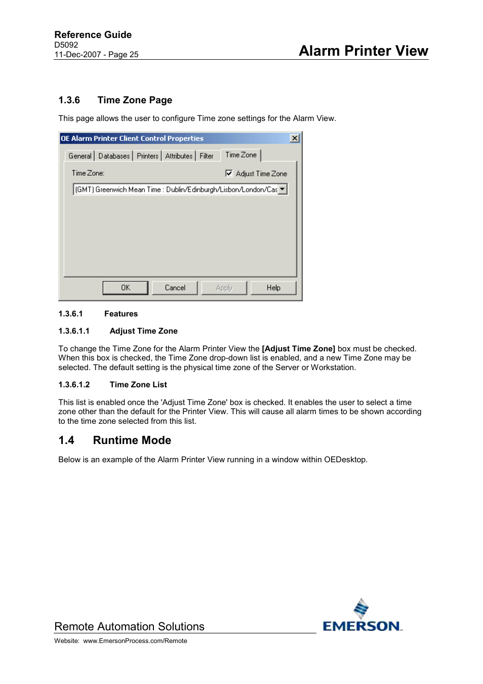 Features, Adjust time zone, Time zone list | Runtime mode, Alarm printer view, Remote automation solutions, 4 runtime mode | Emerson Process Management D5092 User Manual | Page 25 / 29