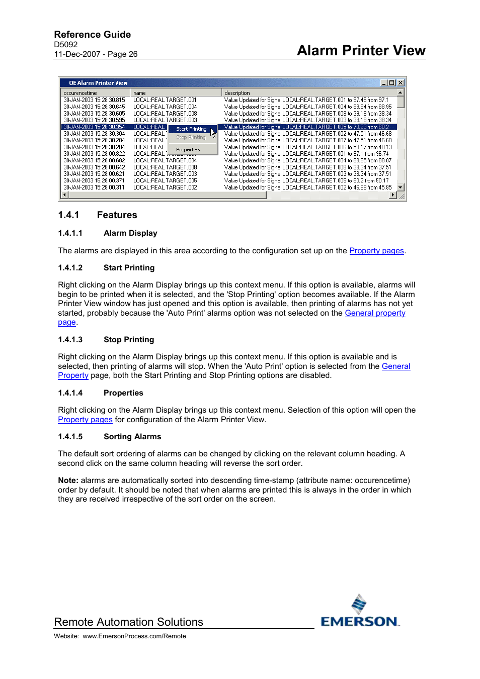 Features, Alarm display, Start printing | Stop printing, Properties, Sorting alarms, Alarm printer view, Remote automation solutions | Emerson Process Management D5092 User Manual | Page 26 / 29