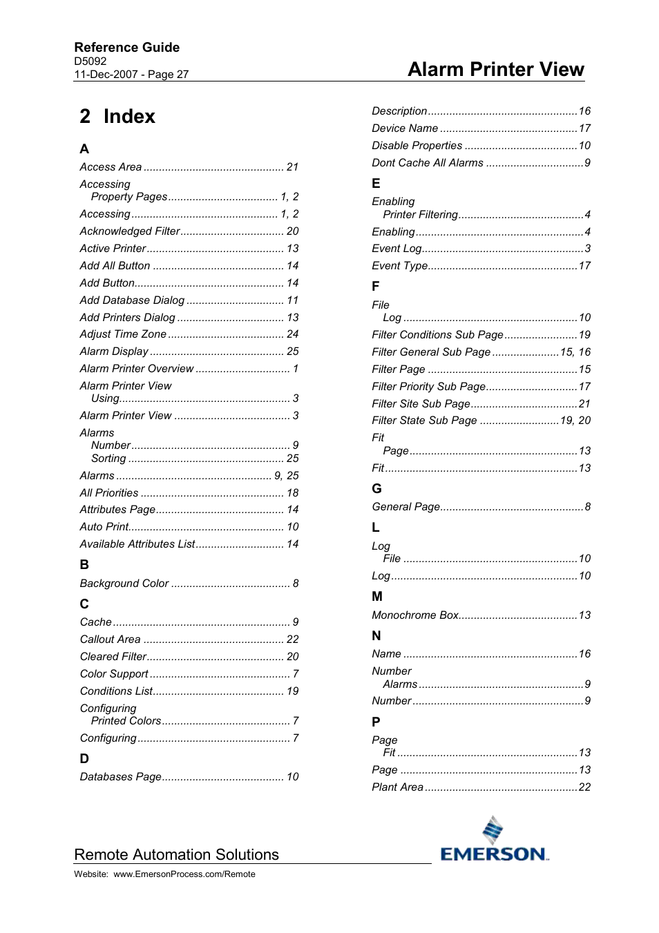 Index, Alarm printer view, 2 index | Remote automation solutions | Emerson Process Management D5092 User Manual | Page 27 / 29