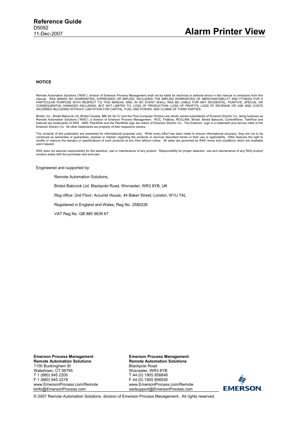 Alarm printer view, Reference guide | Emerson Process Management D5092 User Manual | Page 29 / 29