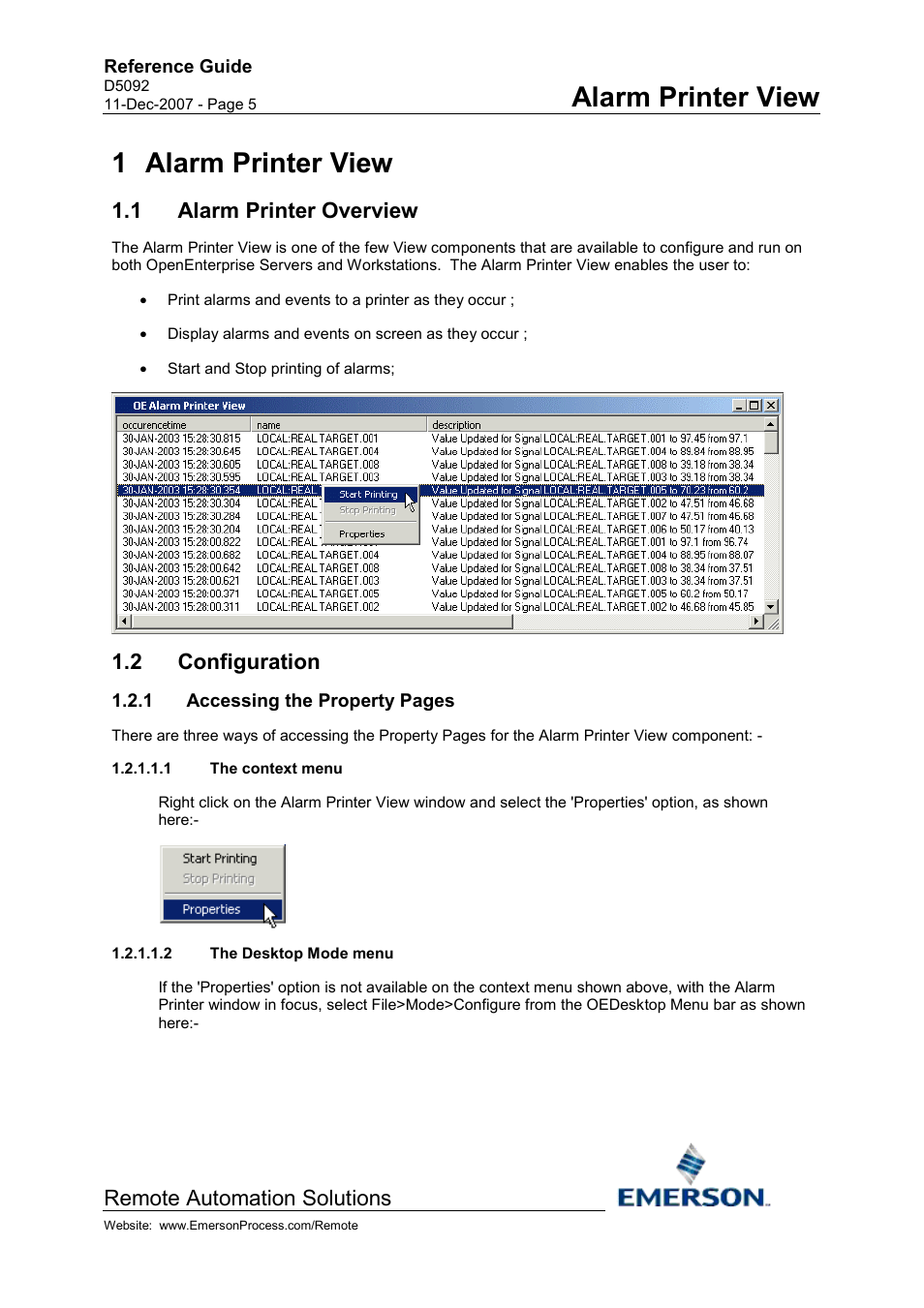 Alarm printer view, Alarm printer overview, Configuration | The context menu, The desktop mode menu, 1 alarm printer view, Remote automation solutions, 1 alarm printer overview, 2 configuration | Emerson Process Management D5092 User Manual | Page 5 / 29