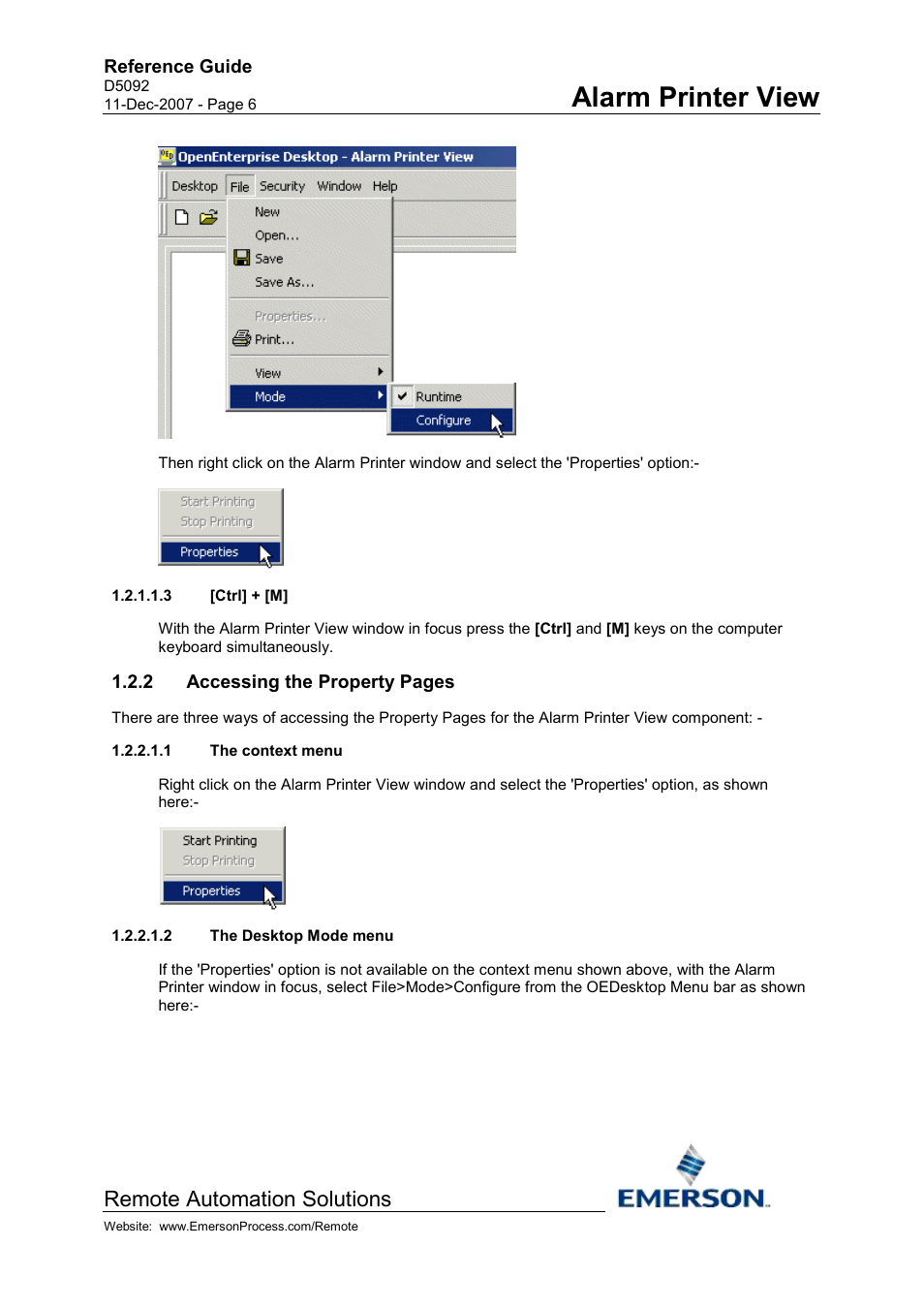 Ctrl] + [m, The context menu, The desktop mode menu | Alarm printer view, Remote automation solutions | Emerson Process Management D5092 User Manual | Page 6 / 29