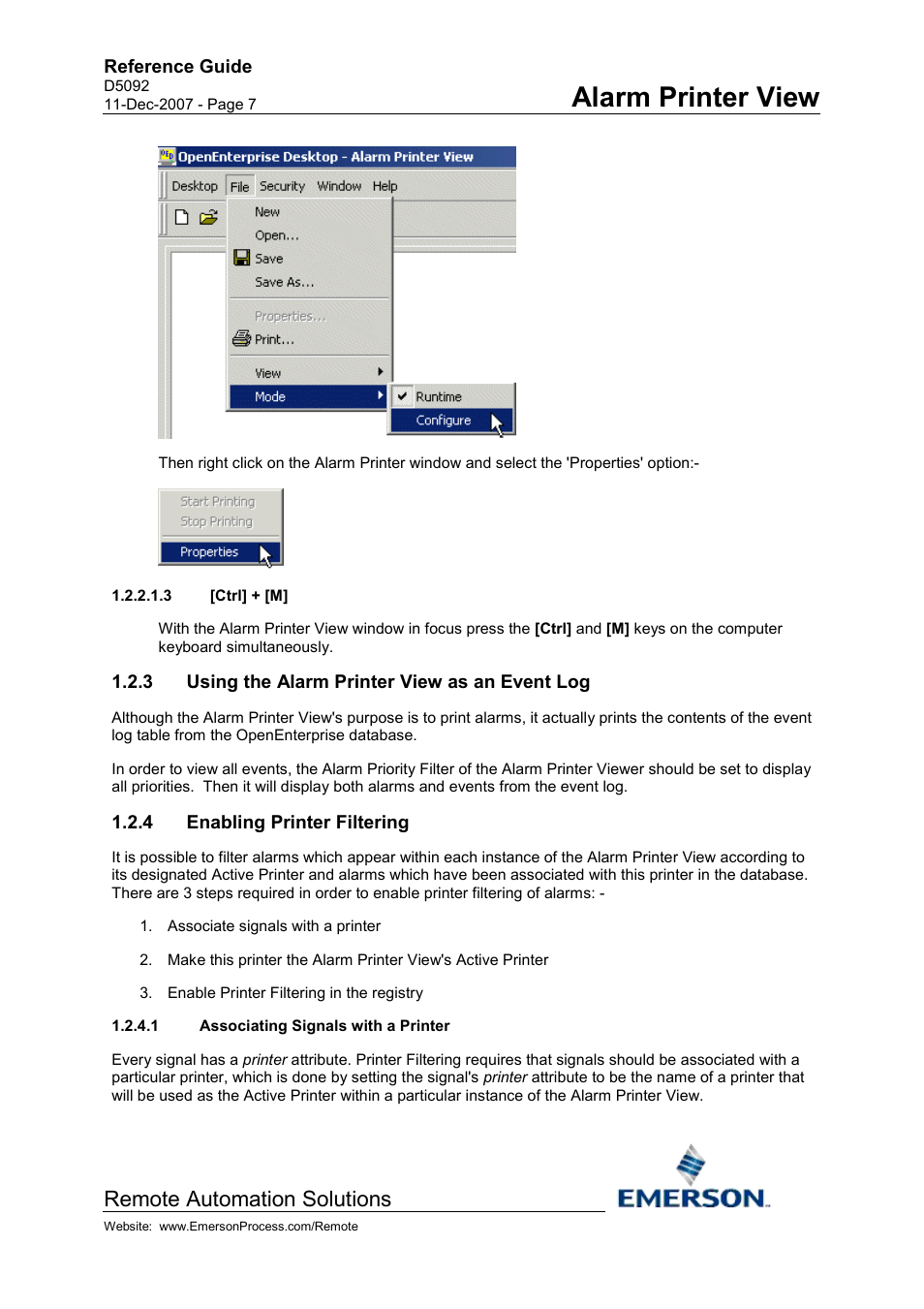 Ctrl] + [m, Using the alarm printer view as an event log, Enabling printer filtering | Associating signals with a printer, Alarm printer view, Remote automation solutions | Emerson Process Management D5092 User Manual | Page 7 / 29