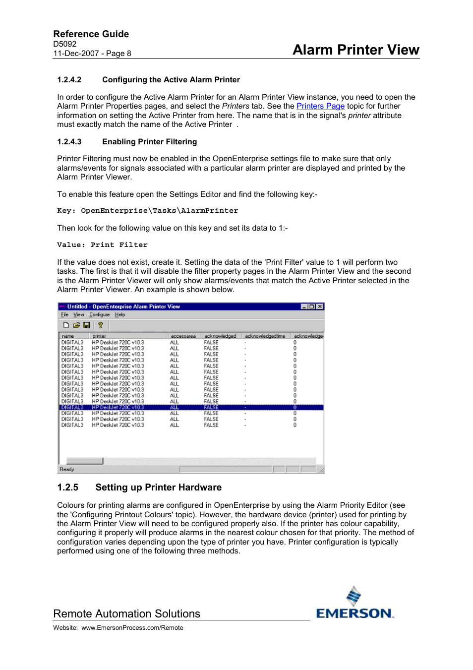 Configuring the active alarm printer, Enabling printer filtering, Setting up printer hardware | Alarm printer view, Remote automation solutions | Emerson Process Management D5092 User Manual | Page 8 / 29