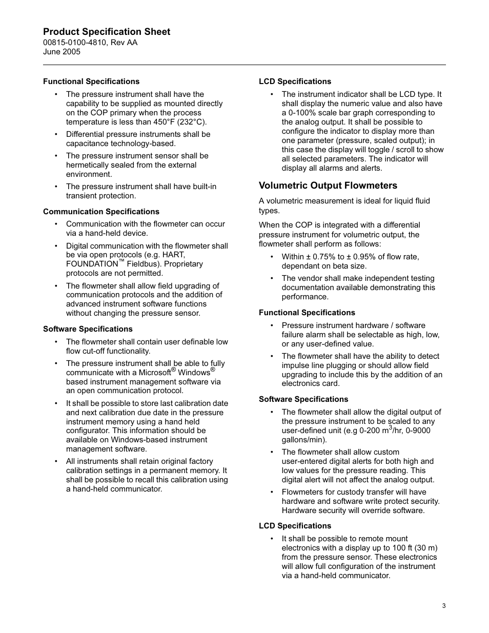 Functional specifications, Communication specifications, Software specifications | Lcd specifications, Volumetric output flowmeters | Emerson Process Management Rosemount User Manual | Page 3 / 4