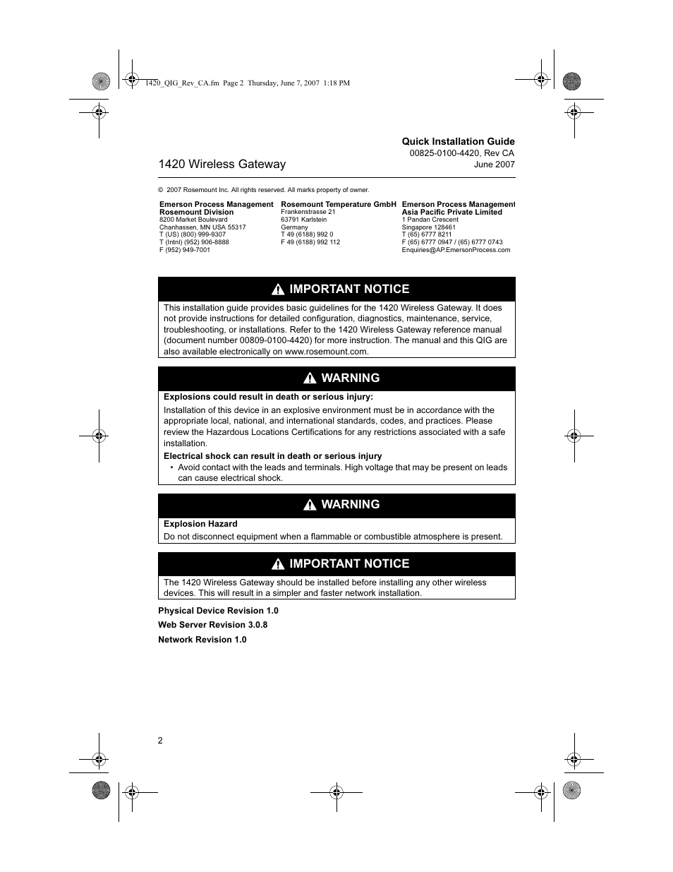 1420 wireless gateway, Important notice, Warning | Emerson Process Management Wireless Gateway 1420 User Manual | Page 2 / 16