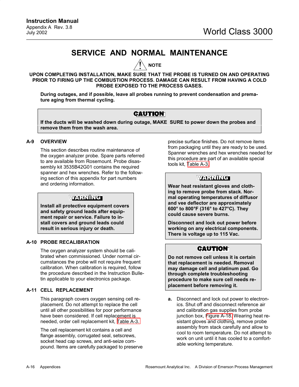 Service and normal maintenance, Overview, Probe recalibration | Cell replacement, World class 3000 | Emerson Process Management 3000 User Manual | Page 114 / 182