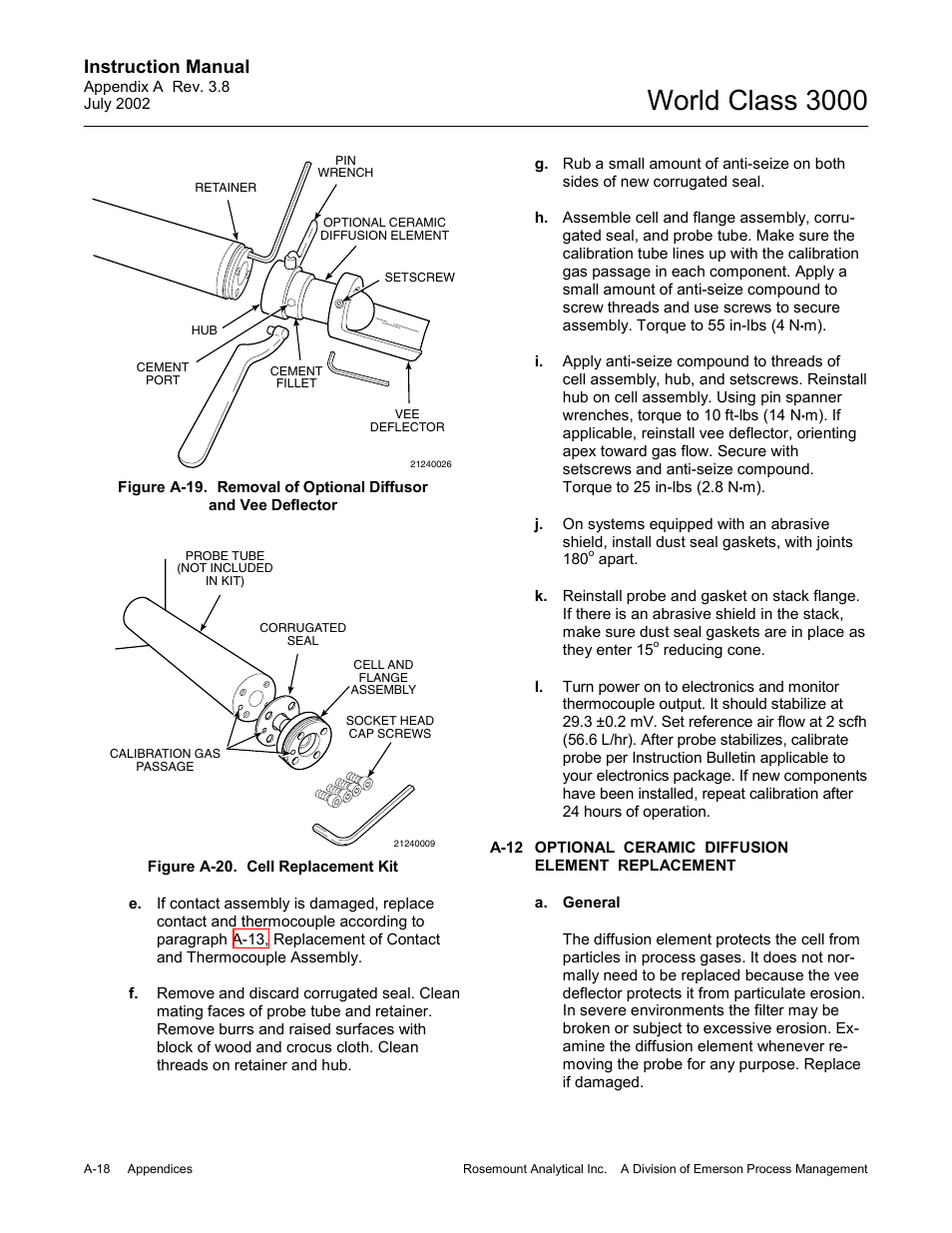 Optional ceramic diffusion element replacement, World class 3000, Instruction manual | Emerson Process Management 3000 User Manual | Page 116 / 182