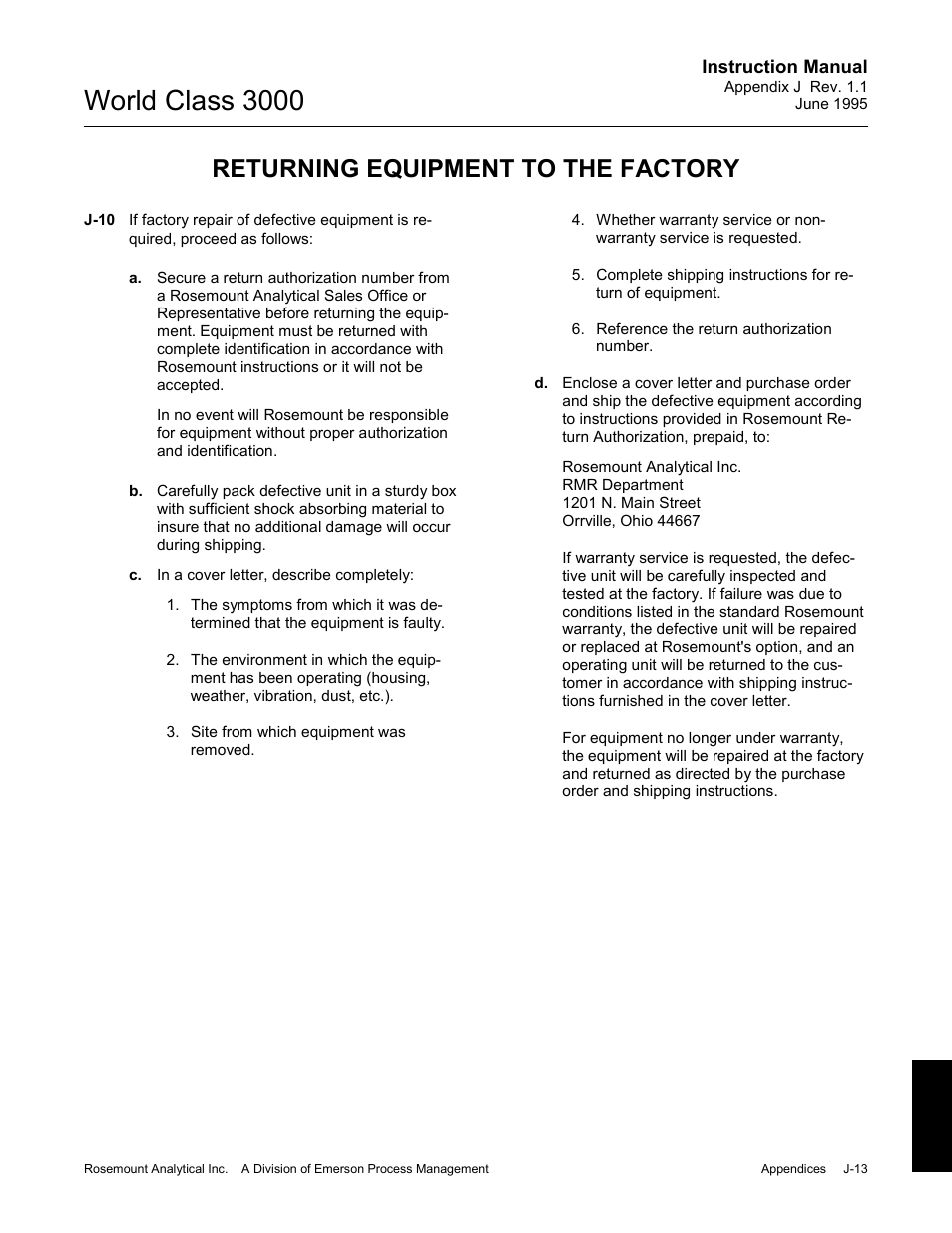 World class 3000, Returning equipment to the factory | Emerson Process Management 3000 User Manual | Page 177 / 182