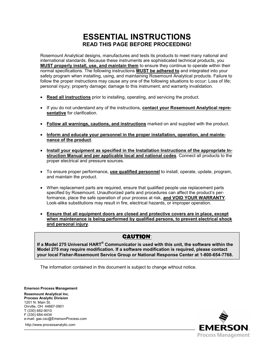 Essential instructions | Emerson Process Management 3000 User Manual | Page 2 / 182