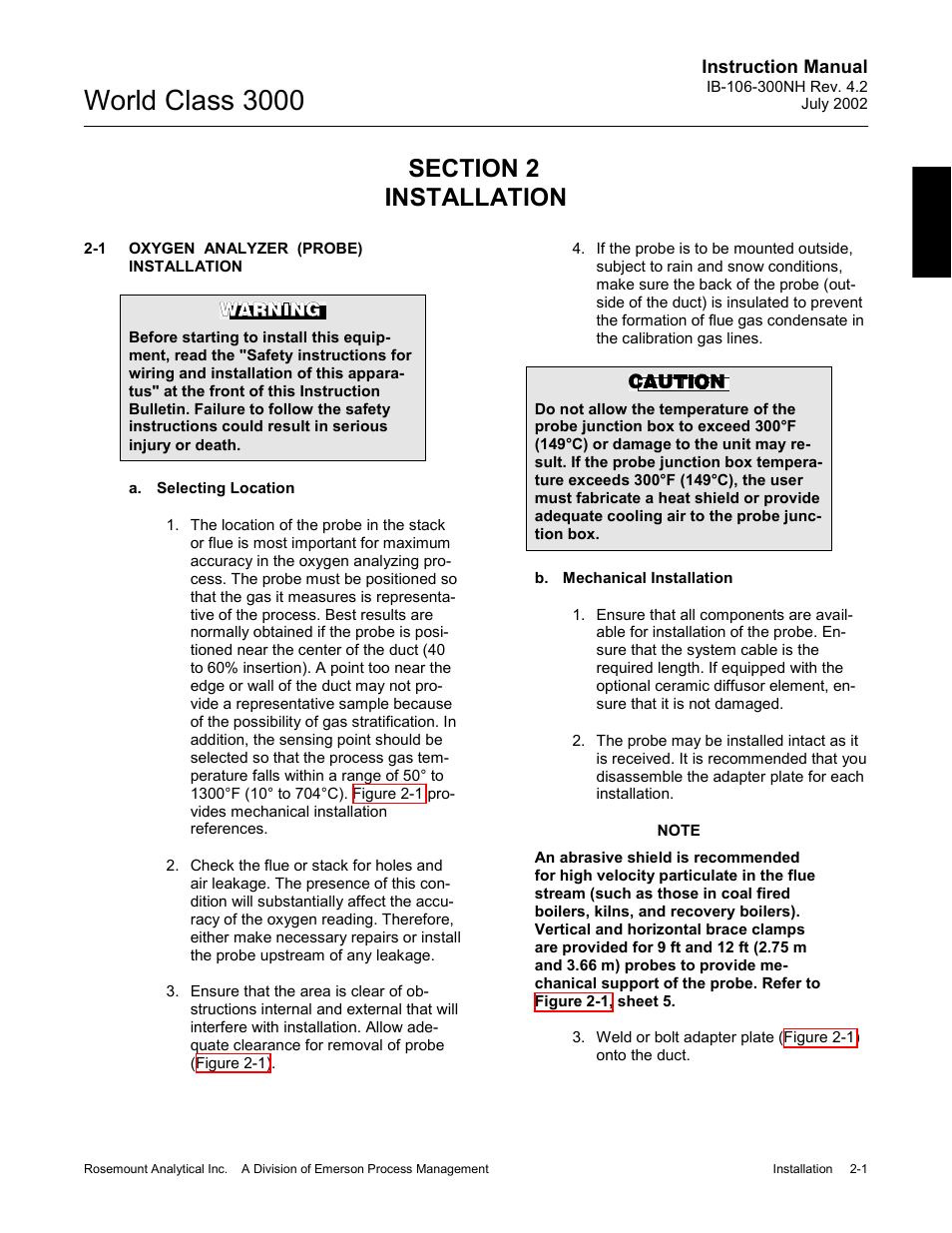 Installation, Oxygen analyzer (probe) installation, 0 installation -1 2-1 | Oxygen analyzer (probe) installation -1, To section 2, p, World class 3000 | Emerson Process Management 3000 User Manual | Page 33 / 182