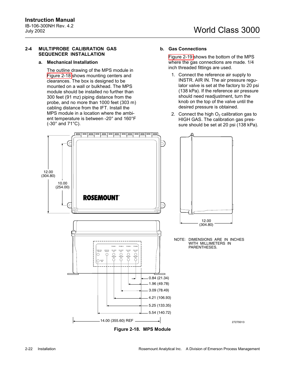 Multiprobe calibration gas sequencer installation, Figure 2-18. mps module -22, World class 3000 | Instruction manual, Figure 2-18. mps module | Emerson Process Management 3000 User Manual | Page 54 / 182