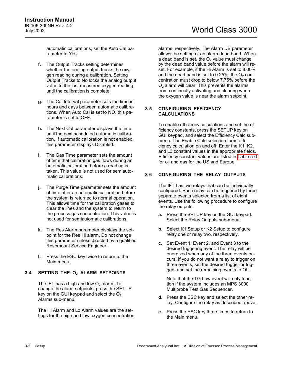 Setting the o2 alarm setpoints, Configuring efficiency calculations, Configuring the relay outputs | Setting the o, Alarm setpoints -2, Configuring efficiency calculations -2, Configuring the relay outputs -2, World class 3000 | Emerson Process Management 3000 User Manual | Page 60 / 182