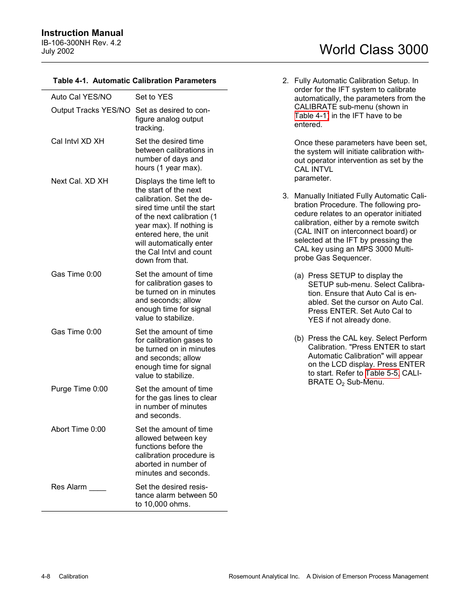 Table 4-1, Automatic calibration parameters -8, World class 3000 | Emerson Process Management 3000 User Manual | Page 68 / 182