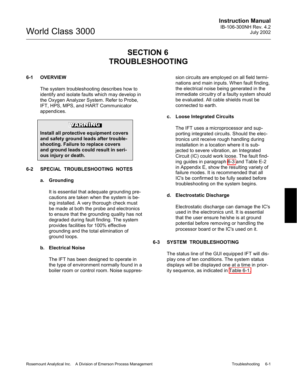 Troubleshooting, Overview, Special troubleshooting notes | System troubleshooting, 0 troubleshooting -1 6-1, Overview -1, Special troubleshooting notes -1, System troubleshooting -1, World class 3000 | Emerson Process Management 3000 User Manual | Page 85 / 182