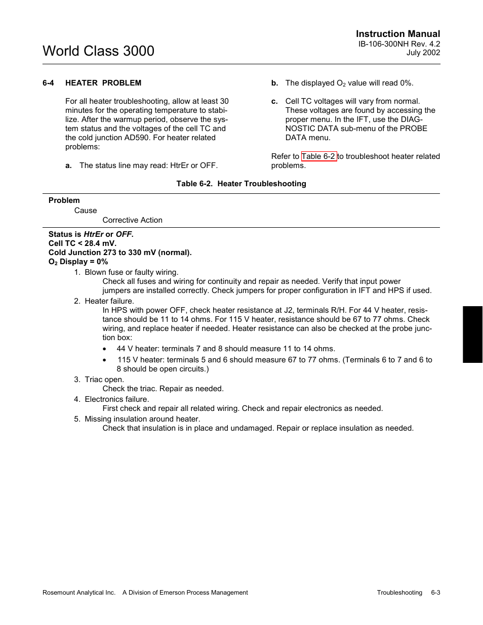 Heater problem, Heater problem -3, Table 6-2 | Heater troubleshooting -3, World class 3000 | Emerson Process Management 3000 User Manual | Page 87 / 182