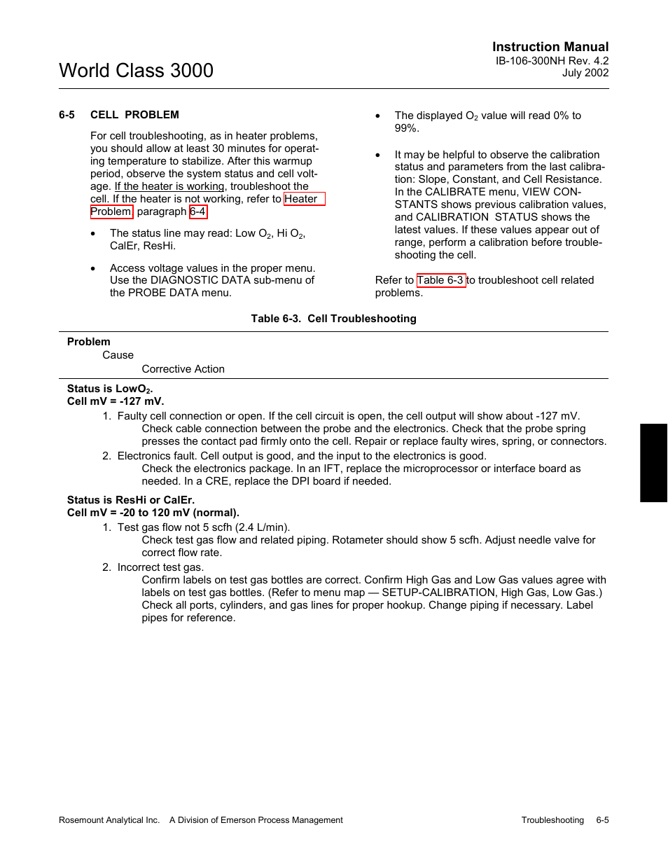 Cell problem, Cell problem -5, Table 6-3 | Cell troubleshooting -5, World class 3000 | Emerson Process Management 3000 User Manual | Page 89 / 182