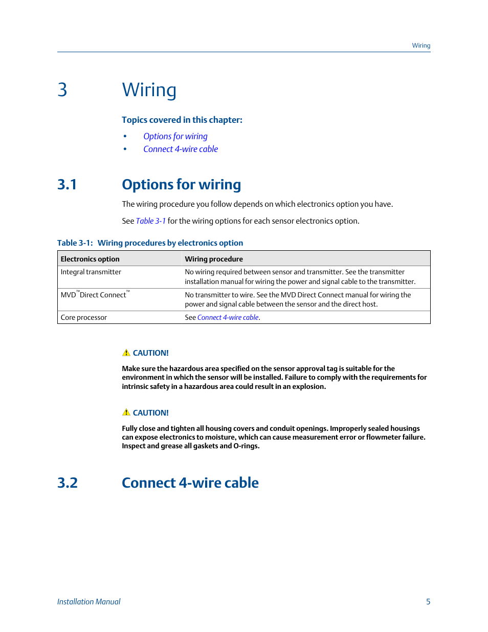 Wiring, Options for wiring, Connect 4-wire cable | Chapter 3, 3wiring, 1 options for wiring, 2 connect 4-wire cable | Emerson Process Management MICRO MOTION 1500 User Manual | Page 9 / 14
