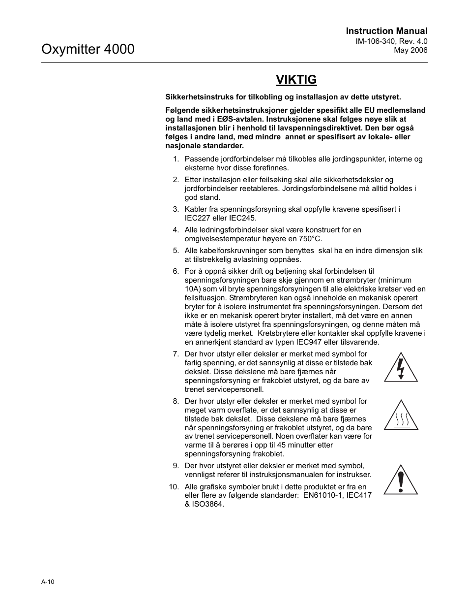 Oxymitter 4000, Viktig | Emerson Process Management OXYMITTER 4000 IM-106-340 User Manual | Page 158 / 176