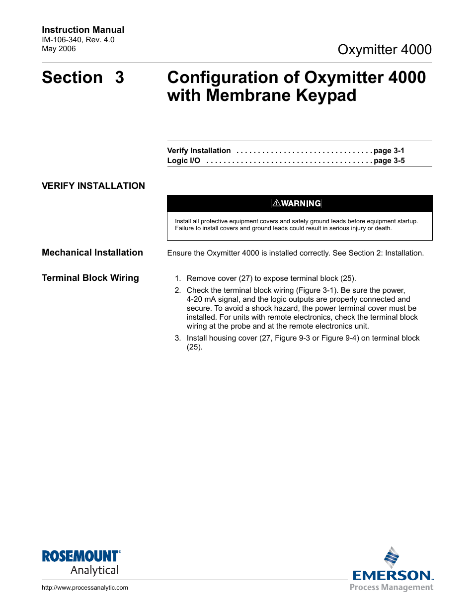 Verify installation, Mechanical installation, Terminal block wiring | Verify installation -1, Oxymitter 4000 | Emerson Process Management OXYMITTER 4000 IM-106-340 User Manual | Page 57 / 176