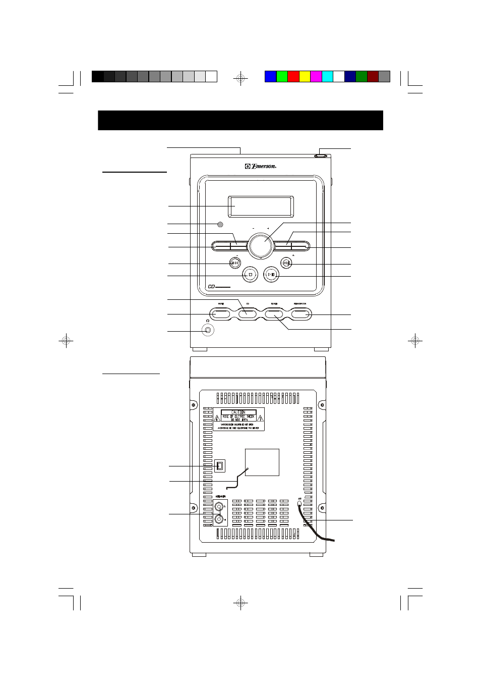Location of controls and indicators, Front panel back panel | Emerson Radio ES58 User Manual | Page 9 / 34