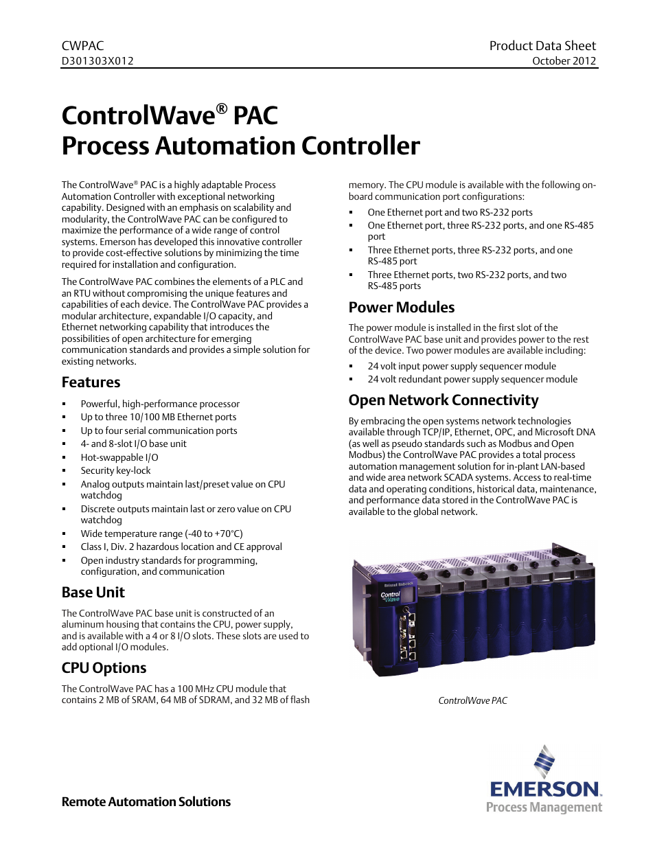 Emerson Process Management Bristol ControlWave PAC User Manual | 7 pages